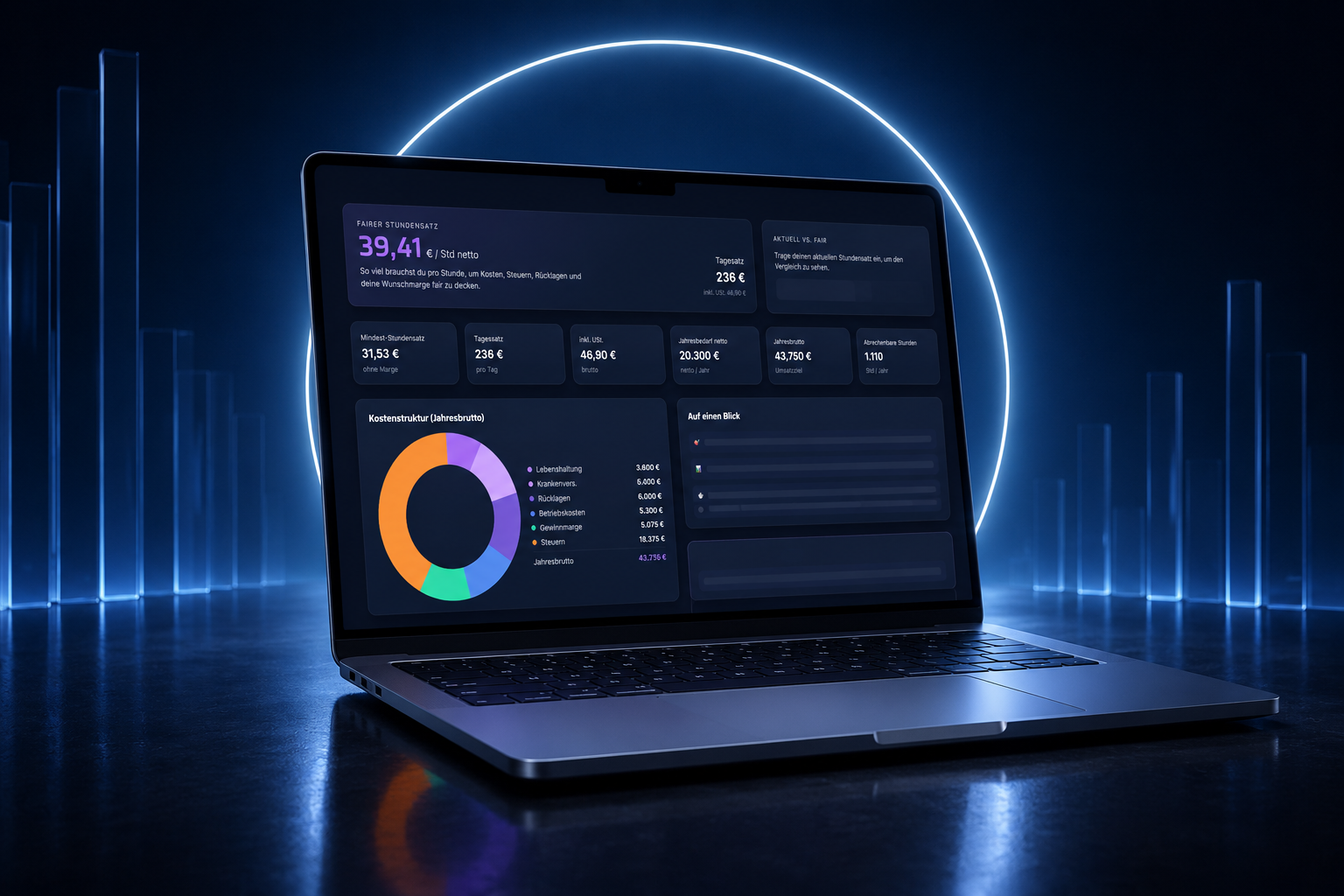 Kalkulations-Modul – Online-Dashboard im Laptop