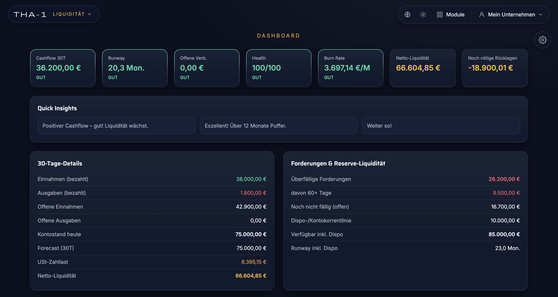 THA·ONE Liquiditäts-Modul – Online-Dashboard
